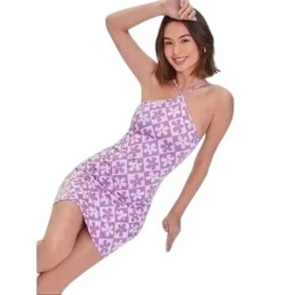 Forever 21 Purple Retro Floral Knit Bodycon Halter Mini Dress - Picture 1 of 11